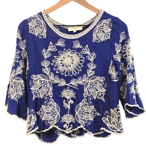 Solitaire Embroidered Floral Royal Cobalt Blue Boho 3/4 Sleeve Top Size Large